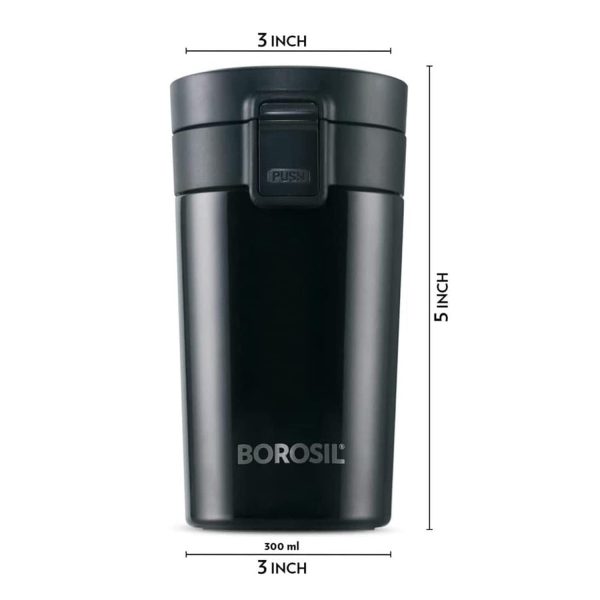 borosil vacuum insulated hydra coffeemate stainless steel travel mug spill proof hot and cold bt300blk110 300ml