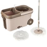 presto! elite spin mop with bigger wheels and auto fold handle, chestnut, 2 refills, stainless steel, microfiber,chestnut