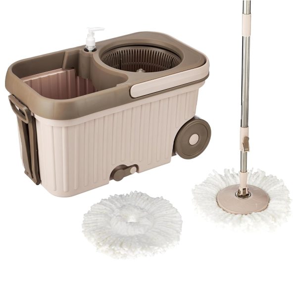 presto! elite spin mop with bigger wheels and auto fold handle, chestnut, 2 refills, stainless steel, microfiber,chestnut
