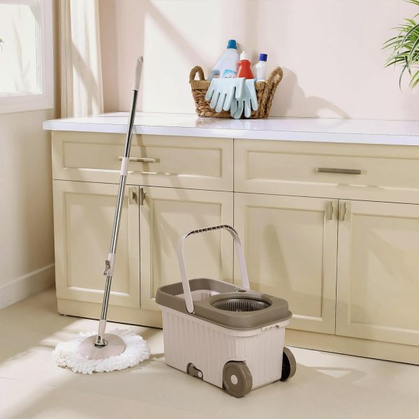presto! elite spin mop with bigger wheels and auto fold handle, chestnut, 2 refills, stainless steel, microfiber,chestnut