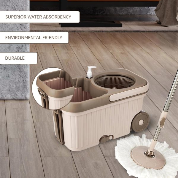 presto! elite spin mop with bigger wheels and auto fold handle, chestnut, 2 refills, stainless steel, microfiber,chestnut